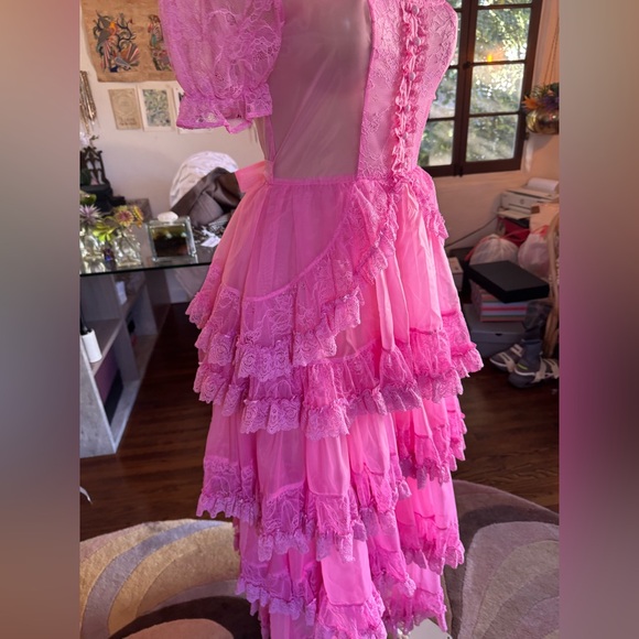 Current Mood Vibrant Pink Lace Layered Semi Sheer Maxi Dress size S NWOT - Picture 15 of 17